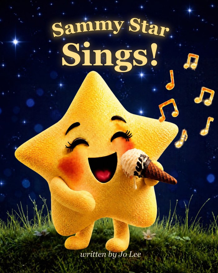 Sammy Star Sings! book cover &mdash; Sammy singing happily into an ice cream cone under the night sky