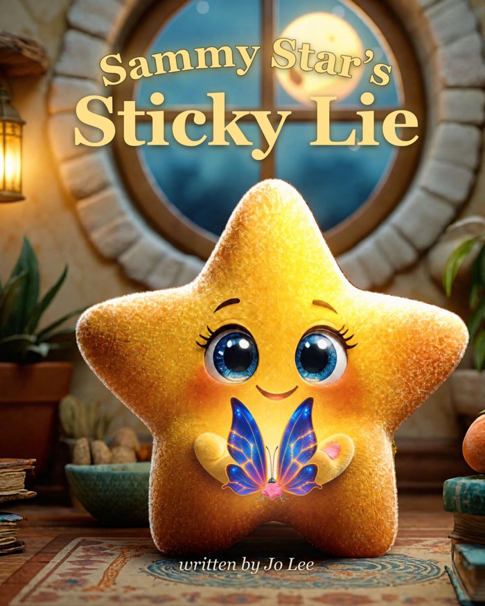 Sammy Star&rsquo;s Sticky Lie book cover &mdash; Sammy holding a glowing blue butterfly in his cozy round-window bedroom