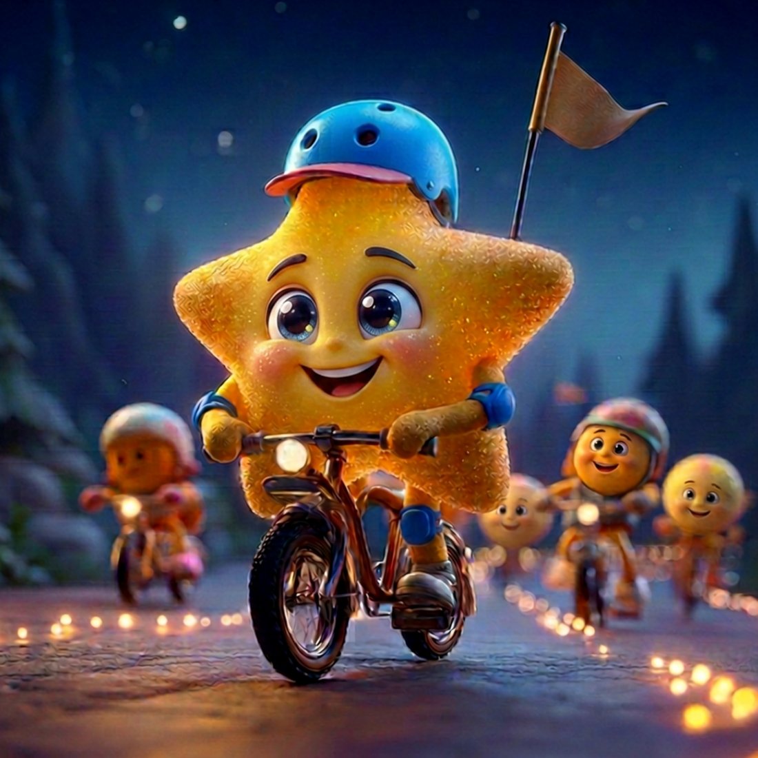 Sammy and friends riding under the Milky Way — early illustration