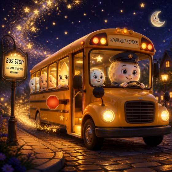 Early illustration from Sammy Star's Hard Good Day: the Starlight School bus arriving at the bus stop under the night sky
